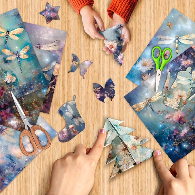 6 x 6 In Dragonfly Scrapbooking Paper Pad, 24 Sheets Floral Pattern Design Cardstock Decorative Decoupage for Photo Album Card Making Folded Supplies Gift Wrapping Junk Journals Crafts