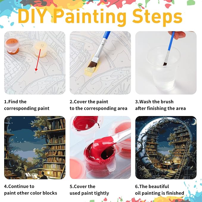 Mandun Library Paint by Numbers Kit for Adults, 16x16 inch | DIY Painting Kits Crafts for Adults, Relieve Stress, Gift, Home Wall Decor