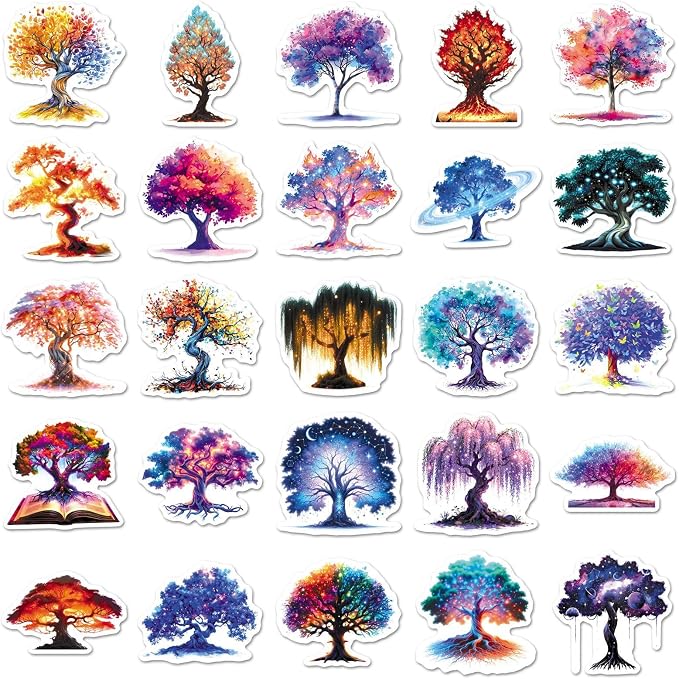 50Pcs Colorful Tree of Life Stickers, symbolizing Growth and Connection, Waterproof and Removable, Decorative for Hand Account, Vision Board, Laptop, Water Bottle, Meditation Diary(Tree)