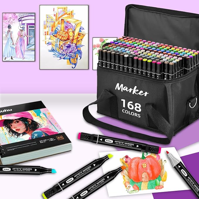 168 Colors Alcohol Markers, Permanent Dual Tip Art Markers with Fine Tip & Chisel Tips for Coloring, Illustrations, Drawing, Sketching Perfect for Adults with Carrying Case