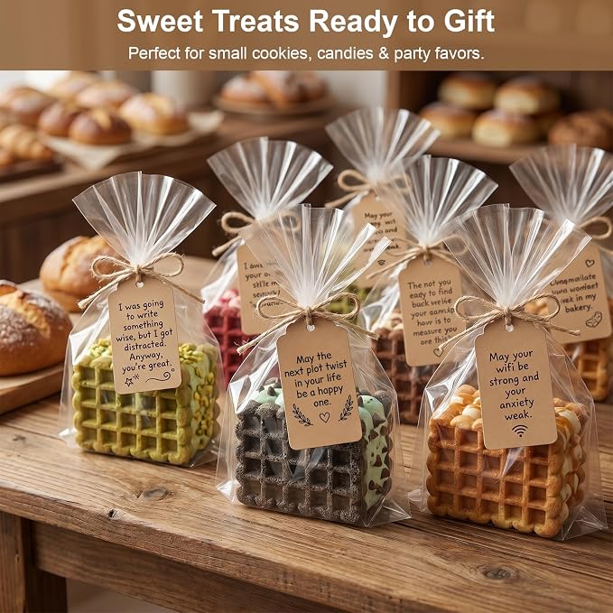 100 Pcs 4.7x7" Plastic Cellophane Bags & 65ft Jute Twine & 100 Pcs Writable Blank Kraft Paper Tags, Clear Goodie Treat Wrappers for Wrapping Homemade Soap Craft Gift Small Cookies Candy Snack Party Bakery Favors Wedding Christmas (Brown Tags)