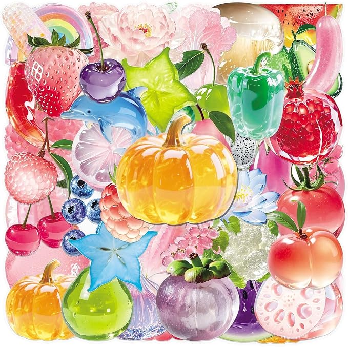 Fruit Stickers Pack 50 PCS, Jelly Aesthetic Waterproof Die-Cut Glossy Crystal Sticker Set for Water Bottles Laptop Luggage Skateboard, Scrapbook Journal Phone Case Notebook (colours-F16)
