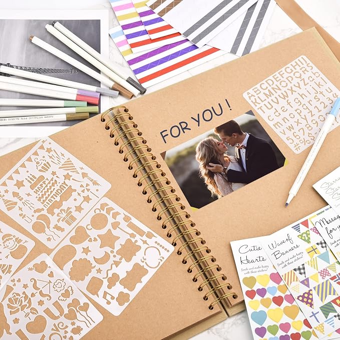 GOTIDEAL 12 x 12 Inch Scrapbook Album with 10 Metallic Markers, Yellow | 80 Pages Craft Paper Photo Album for Wedding and Anniversary, Family DIY Photo Album with Scrapbooking Stickers Corners