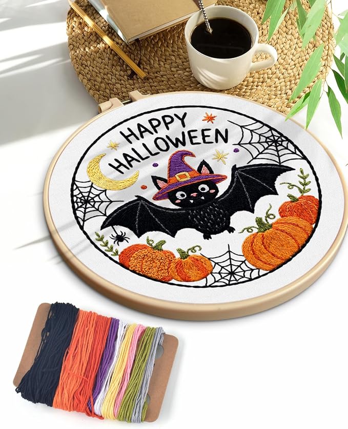 TINDTOP Halloween Embroidery Kit for Adult, Embroidery DIY Starter Kit, with Stamped Patterns, Hoop, Tools, Colorful Threads with Needles, Instructions (Halloween D)