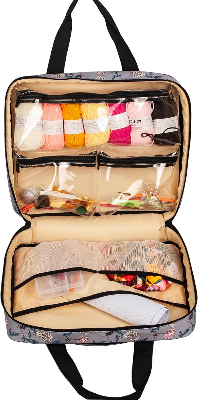 Portable Square Cross Stitch Starter Kits Bag Embroidery Project Bag Embroidery Tool Storage Tote Bag with Multifunctional Pockets, Bag Only (Flower Pattern)