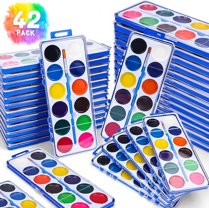 42 Pack Watercolor Paint Set Bulk for Kids, 12 Colors Washable Water Colors | Non-Toxic Water Paint with Paintbrush, Water Color Paint Set for Kids, Beginners, Ideal for Party Favor, Classroom