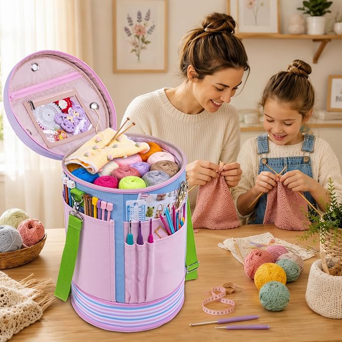 Canvas Yarn Storage Organizer with Removable Dividers, Crochet&Knitting Bag | Expandable canvas yarn organizer with removable dividers, yarn feed holes, project storage and multiple tool pockets