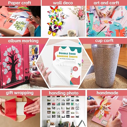 25 Sheets Clear Double Sided Adhesive Tape - Heavy Duty Sticky Crafts Tape Sheets for DIY Art, Tumbler Wrapping, Home Decoration, Scrapbooking (Strong & Removable)