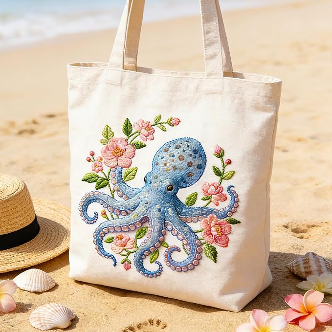 BEUNITONE 4 Pack Beginner Embroidery Kit for Adults, Marine Animals Flowers Pre-Stamped Pattern Needlepoint Kits with Hoops & Instruction, Handmade Embroidery Kits for Fabric and Home Decor 7.9x7.9