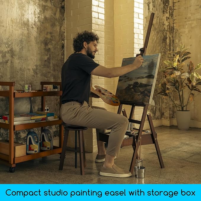 MEEDEN Studio H-Frame Easel with Art Supply Storage Drawer - Adjustable (60"~75") Solid Beech Wood Easel Stand for Artists, Students and Adults, Holds Canvas Art up to 36" - Walnut