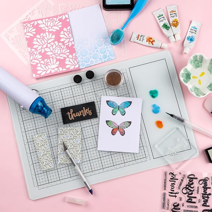 9Pcs/SetMagnetic Glass Craft Mat Set; 15.75"x10.24"Heat Resistant Glass Media Cutting Mat W/MagnetsGridlines and measurements; for Cutting, Stamping, Mixed Media, Heat Embossing and Hot Glue Projects