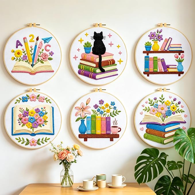 BEUNITONE 6 Set Embroidery Kit for Beginner Adults, Books & Flowers Cross Stitch Set with Stamped Pattern Hoops Threads Cloth Needles, Embroidery Starter Kit for Gifting and Home Decoration