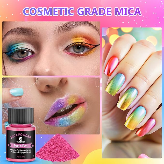 Mica Powder 12 Colors Pearlescent Pigment - for Resin Epoxy, Soap Making, Nail Polish, Lip Gloss, Eye Shadow, Bath Bomb, Slime & Candle - 10g Each Bottle(Magical Color Hues)