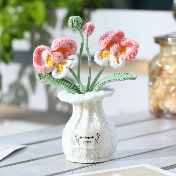 Orchid Crochet Flower Pot Blush Pink Handmade Knitted Phalaenopsis Desk Decor for Home Office