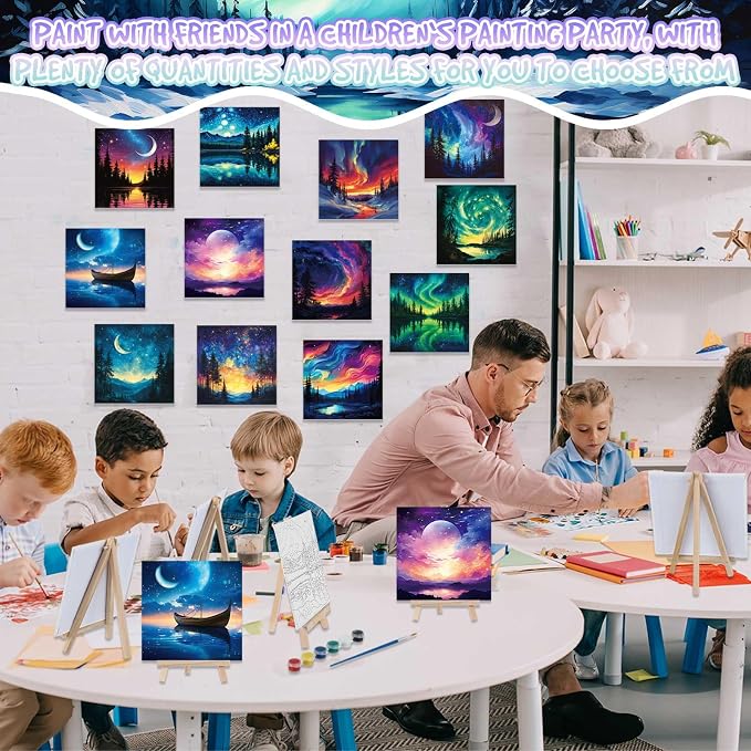 Tenceur 12 Sets Pre Drawn Canvas to Paint Adult Stretched Coloring Painting Canvas Panels with Design Easel and Brushes for Party Supplies Beginner Favor(Starry Aurora)
