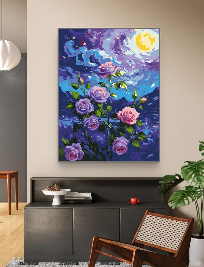ZRIZQ Flowers Paint by Numbers Kit for Adults Beginner,Purple Rose,16x20
