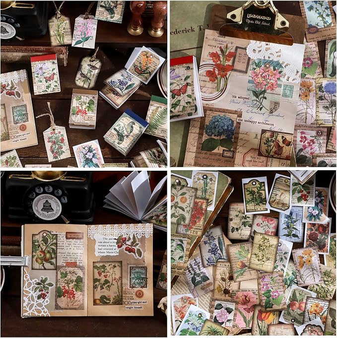 PRSTINCOL 300 Pcs Scrapbook Washi Stickers,Vintage Flower Butterfly Botanical Sticker Book for Junk Journal,Decorative Paper Stickers for Bullet Journal, Album, Collage, Planner, Gift Wrapping