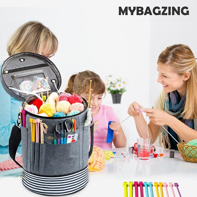 MYBAGZING Expandable Yarn Storage Organizer, Crochet Bag & Yarn Tote with Zipper Closure, Yarn Holder for Crocheting and Knitting for Yarn Skeins, Hooks, Needles, Accessories – Gift for Crafters