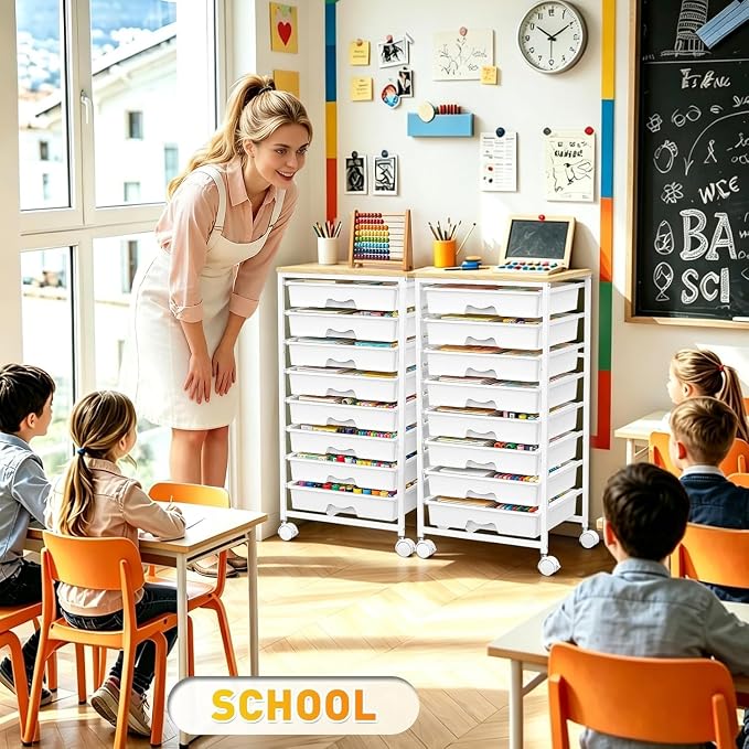 SUNALLY Rolling Cart With 8 Drawers,Storage Drawer Cart for Craft Art,White | Storage Utility Cart with Wooden Tabletop & 2 Lockable Wheels, Teacher Storage Cart for Classroom School Storage, Makeup,Nail