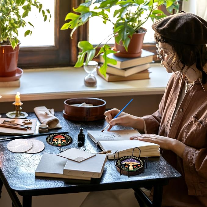 Reallnaive 8 Pcs Mushroom Paint by Numbers Kit for Adults Wooden Coasters | Mini Paint by Numbers, Tiny Black Round Oil Painting Drink Coaster with Holder, for Small DIY Craft Birthday Gift