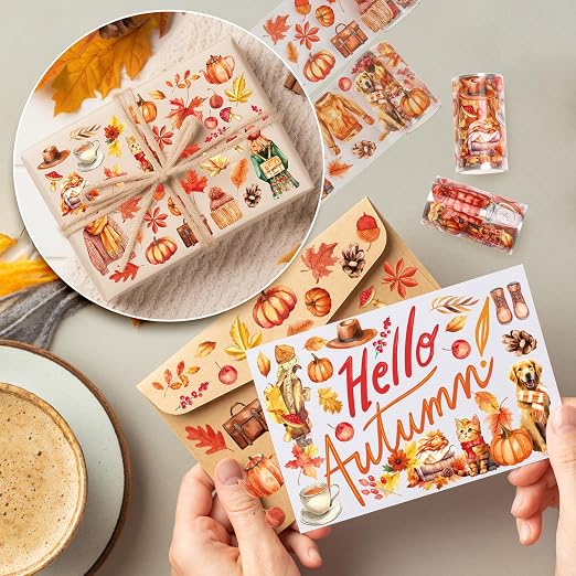 JarThenaAMCS 39.2 Ft Fall PET Washi Tape Autumn Orange Transparent Adhesive Masking Tape for Cut & Use as Thanksgiving People Stickers Scrapbook Journal DIY Crafts Wrapping,4 Rolls