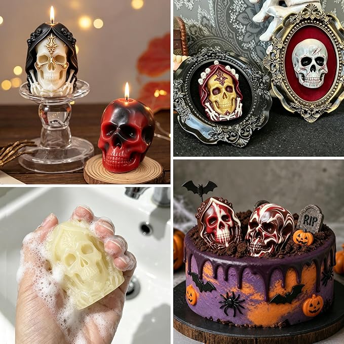 Skull Candle Mold Silicone, 2 Pack Style Halloween Skull Head Molds | 3D Skull Silicone Molds for DIY Aromatherapy Candles, Epoxy Resin Casting, Soap, Gypsum, Home Decor Handmade Crafts Gifts