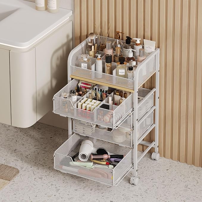 5-Tier Craft Organizer Cart with 5 Sets of DIY Dividers,Craft Organizers and Storage with Drawers,Lockable Wheels Rolling Utility Cart on Wheels,Art Supply Organizer,Ideal for Studio,Office,White