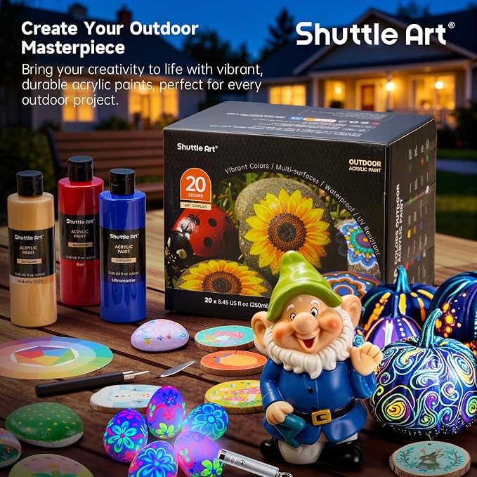 Shuttle Art Outdoor Acrylic Paint Set, 20 Colors Waterproof Paint, 8.45oz Large Bottles, Rich Pigmented Bulk Painting Supplies for Artists, Beginners on Rocks, Wood, Wall, Crafts, Garden Statues