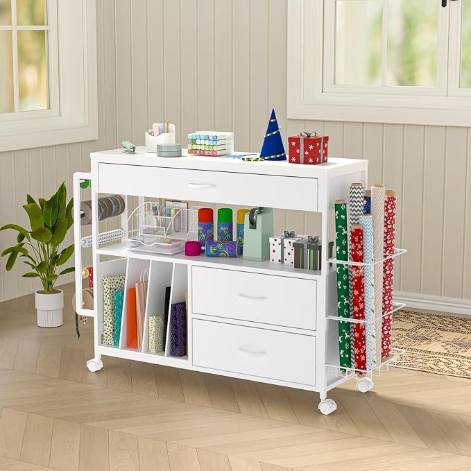 Wrapping Paper Storage & Organizer, Craft Cart with Ribbon & Gift Bag Storage, Wrapping Paper Organizer Holder(3 Wooden Drawers-White)
