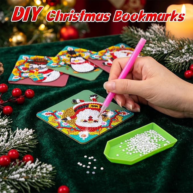 WIVICO 4Pcs Diamond Painting Bookmarks, Diamond Pearl Art Kits for Adults | DIY Bookmark,Diamond Dots Paint By Numbers Kit,Gifts for Book Lovers(Christmas 1)