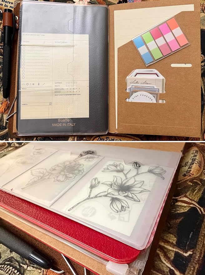 2 Pack A5 Size Travelers Notebook Accessories Kit Includes Kraft File Folders, PVC Zipper Pouches, Pen Holders, Binder Clips & Elastic Bands for Travel Journal Organizer Supplies