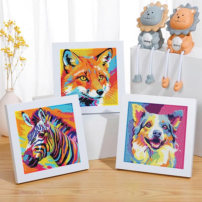 ajepon 6 Pack Animal Diamond Art Kits for Kids, Animals Diamond Art for Kids Ages 8-12, Dog Cat Tiger Zebra Fox Horse Gem Painting Kits for Kid for Gift Home Wall Decor (6x6inch)