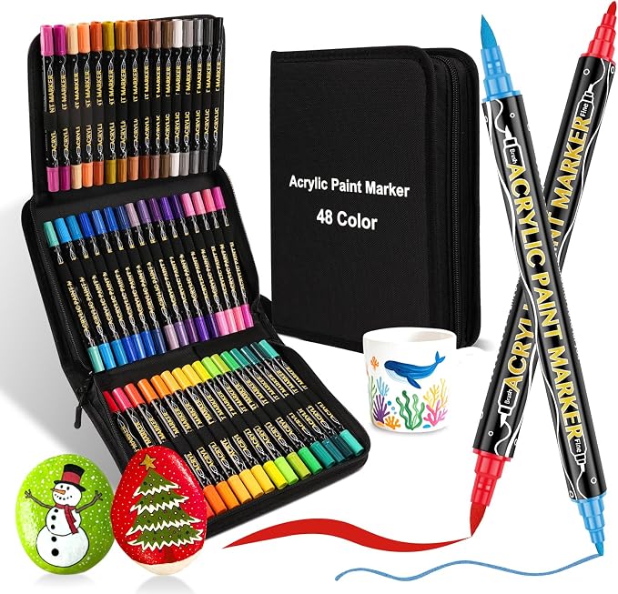 colpart 48 Colors Acrylic Paint Markers,Dual Tip Acrylic Paint Pens,Includes 12 Metallic Brush Tip Markers For Rock Painting, Christmas Decorations,Plastic,Easter Deco,Pumpkin,Canvas And DIY Crafts