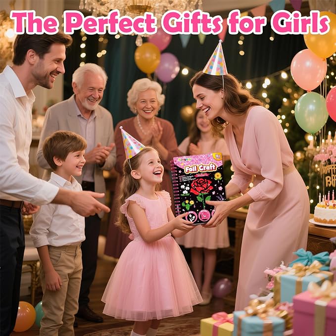 FUNNYB&G Foil Art Craft Kit for Kids, Sparkly Birthday Gift Toy for Girls | No Mess, Kids Ages 4-10 Create Sparkling Artwork, A Creative Gift for Birthdays, Holidays, Travel Activities,Screen-Free Fun
