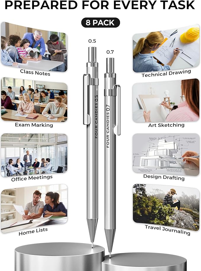 Metal Mechanical Pencil Set, 0.5/0.7mm, 8-Pack with Case, Two Sizes