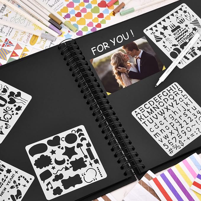 GOTIDEAL 12 x 12 Inch Scrapbook Album with 10 Metallic Markers, Black | 80 Pages Craft Paper Photo Album for Wedding and Anniversary, Family DIY Photo Album with Scrapbooking Stickers Corners