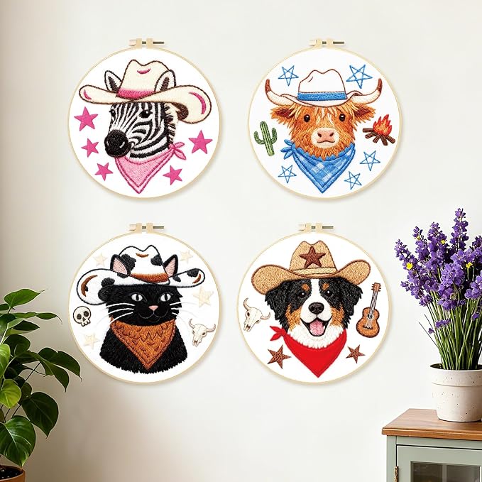 BEUNITONE 4 Set Embroidery Kit for Beginners, Animal Cowboy Patterns Cross Stitch Kits, Needlepoint Kits for Adults with Hoop, Cute Hand Embroidery Patterns for Cloth and Home Decor