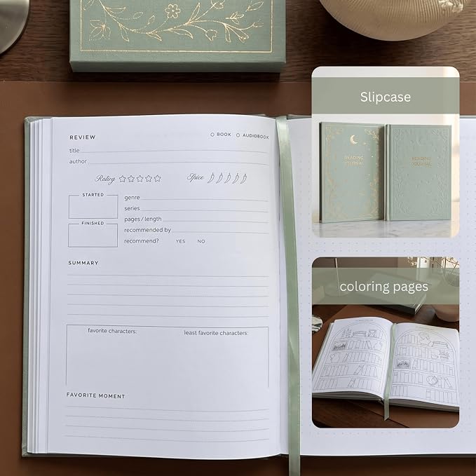 Reading Journal for Book Lovers – Book Accessories Linen Hardcover Book Journal with Slipcase, Reading Log & Review Pages (67 Books), Fantasy Aesthetic Cover, Sticker Sheets Included, Book Tracker Gift for Readers (Sage Green)