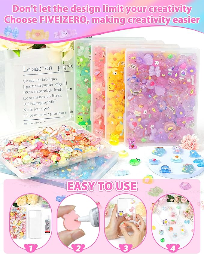 FIVEIZERO 100PCS Cute Slime Charms, Kawaii Flatback Resin Charms | 50+ Unique Designs, Glittery Finish, Easy to Glue, Lightweight and Durable, Perfect for DIY Decoration