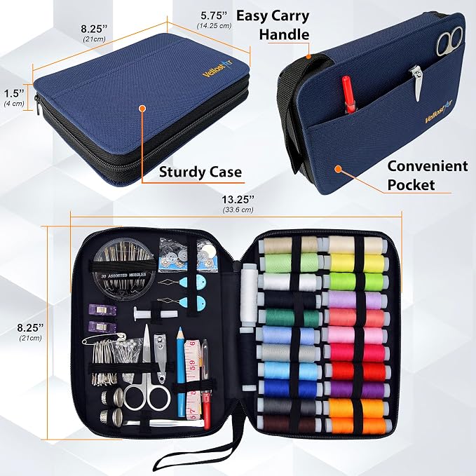 Vellostar Sewing Kit for Men & Adults - 100-Piece Navy Blue Beginner Set | 100-piece navy blue sewing kit with 36 needles, thread, scissors, and a durable travel case