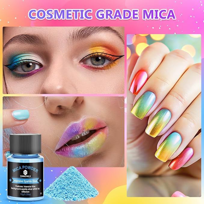 Mica Powder 12 Colors Pearlescent Pigment - for Resin Epoxy, Soap Making, Nail Polish, Lip Gloss, Eye Shadow, Bath Bomb, Slime & Candle - 10g Each Bottle(Sparkle Hues)
