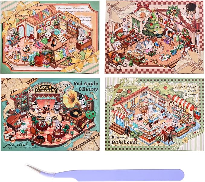 Girls 3D Miniature Scene Stickers,4 Sets Apple Bunny DIY House Stickers for Shiny Tailor Shop, Christmas Cottage, Jazz Club, Sweet Baking,3D Sticker Scenes for Adult Kids Relief Stress Pass The Time