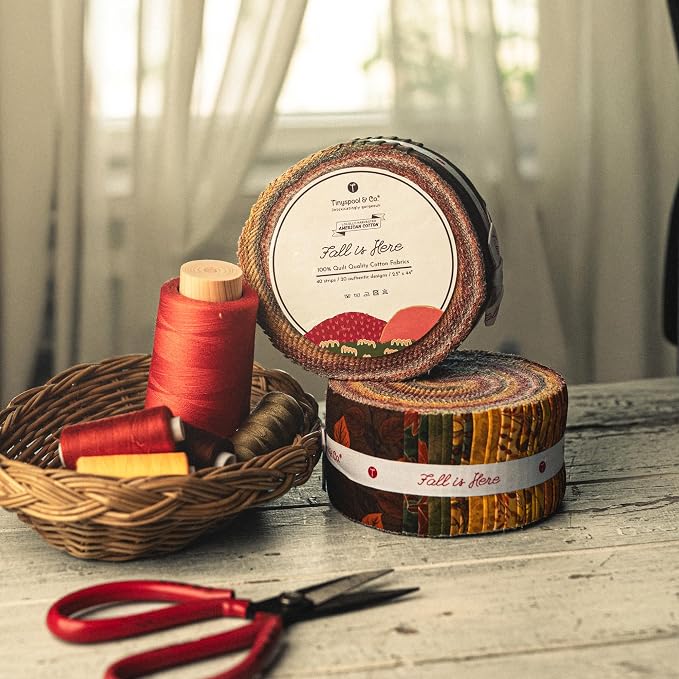 Tinyspool & Co.'s Twirlie Roll 40 Precut Quilting Fabric Strips for Quilting Supplies, Crafting, and Sewing, Soft Cotton Strip for Blanket, Rug, Upholstery, Home Decor, and Purse Making, Fall is Here