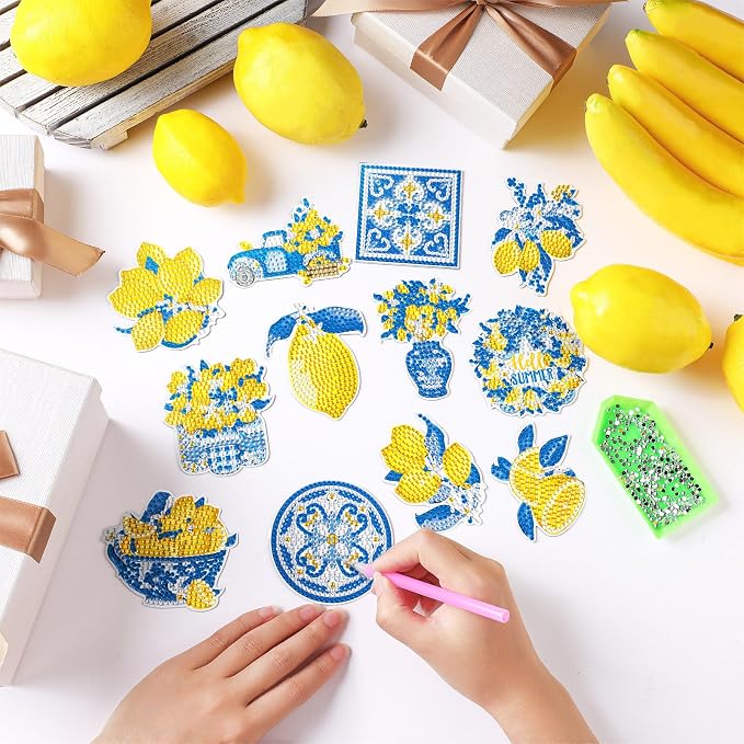 Zonon 12 Pcs Diamond Art Magnets Kit Lemon Mediterranean DIY Blue Yellow | Italian Capri Tiles Lemons Iris, Summer Fridge Decor, Diamond Painting Kit for Kitchen Amalfi Mediterranean Theme