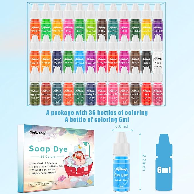 Bath Bomb Soap Dye - 36 Colors Concentrated Food Grade Skin Safe Liquid Based Colorant Vibrant Rainbow Coloring for Making DIY, Supplies Kit, Salt Crafting
