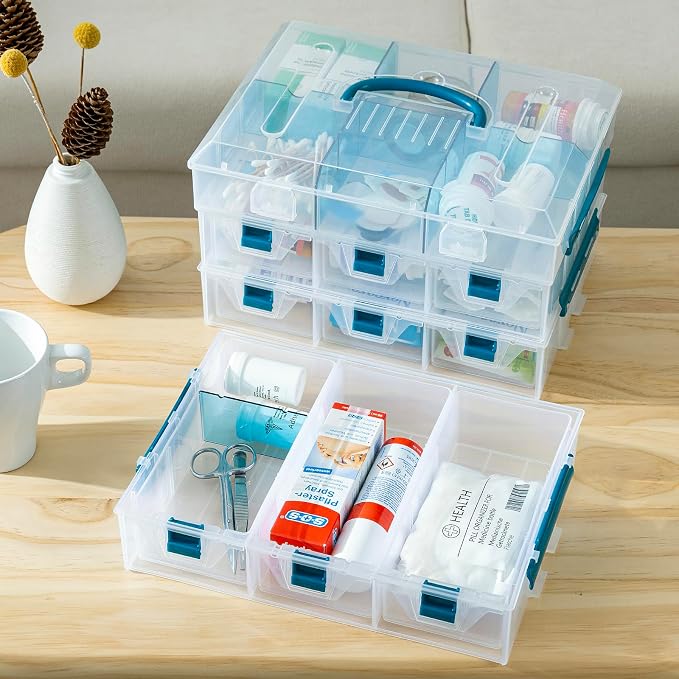 MyGift Single Stackable Tray, Add-on for 11 Inch Clear Arts & Crafts Storage Box with Blue Accents, 9 Compartment Sewing Supplies Organizer 3 Drawers and Removable Dividers