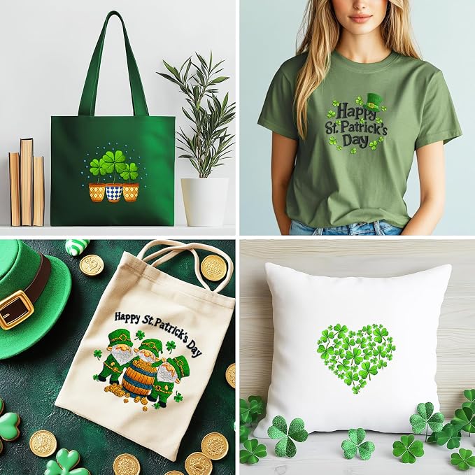 BEUNITONE 4 Set Lucky Clover Pattern Embroidery Kit for Adult Beginners | DIY Complete Needlepoint Kits for Adults, Cross Stitch Starter Kit with Hoops, Handmade Gifts for Fabric Home Decor 20x20cm