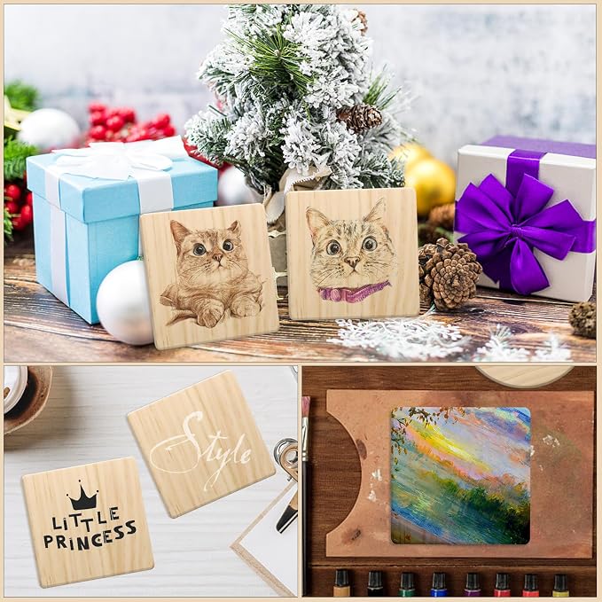 60 Pack 4 Inch Unfinished Square Wood Coasters with Non Slip Pad