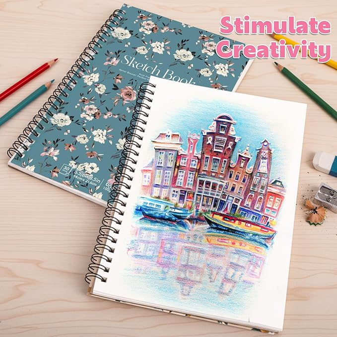 12 Pack Sketch Books 5.5 × 8.5 in, Top Spiral, 30 Sheets, Acid Free | 100gsm Paper, Hardcover Backboard, Lay-Flat Top Spiral, for Pencil, Ink & Charcoal