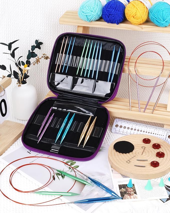 Aeelike 13 Pair Interchangeable Circular Knitting Needles 3-10 mm, Purple | Aluminum Interchangeable Knitting Needles with 4 Cables, Smooth Complete Needles Set for Socks Blankets Sweaters, Ideal Gift